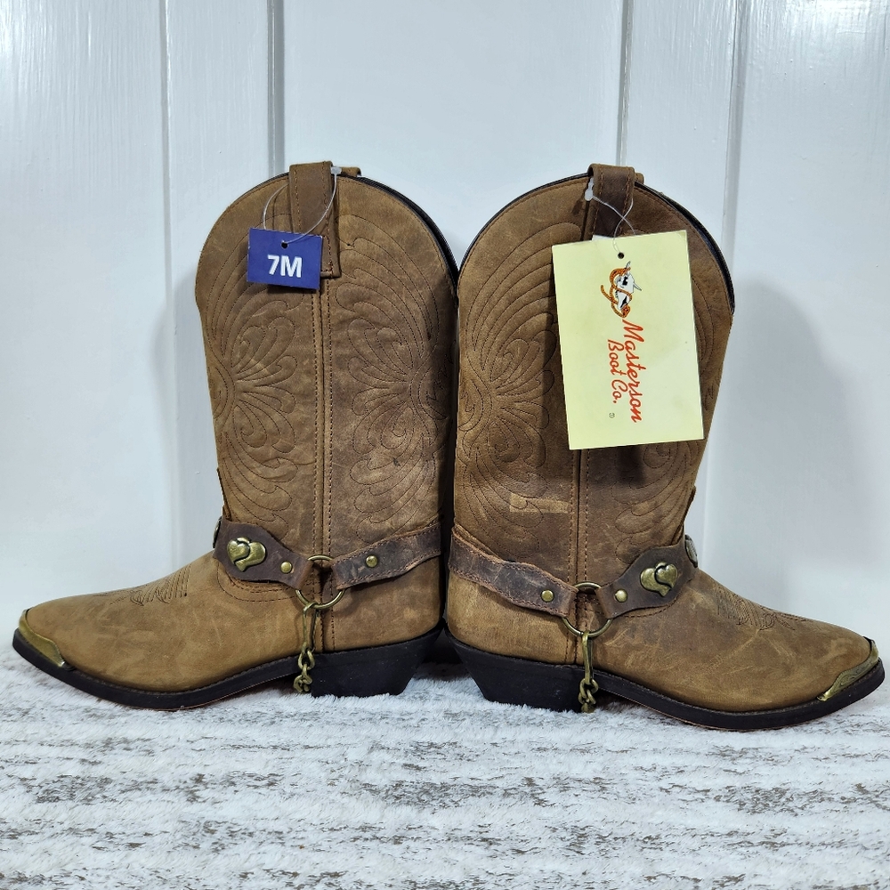 NWT Masterson Western Tan Brown Leather Cowboy Boots RB920 | Women's Size 7 - Picture 5 of 13